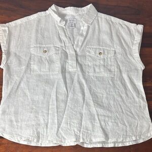 Nicole Miller New York Linen Cap Sleeve Collared Shirt‎ Top XL White